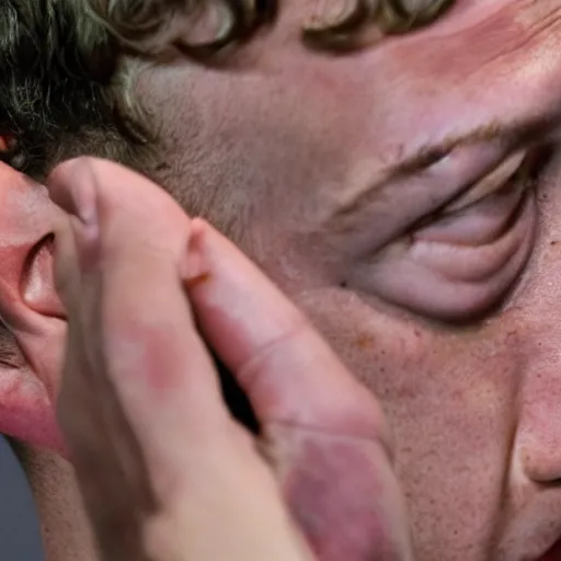 Image similar to mark zuckerberg's skin peeling off to reveal wires and metal at a press conference