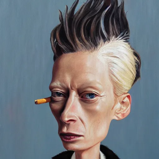 Image similar to caricature of tilda swinton smoking a cigar, realistic oil painting by david levine, trending on art station, 4K