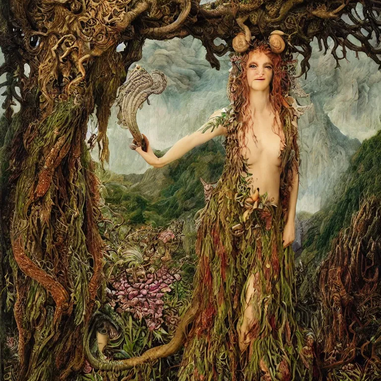 Prompt: a grinning druid dryad with goat pupils transforming herself into a mad beast. her skin is covered in scales and feathers. landscape with mountains, river and night sky. painted by jan van eyck, max ernst and ernst haeckel, trending on artstation, 8 k, award winning, hard lighting, fashion editorial