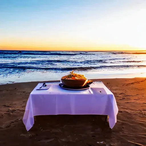 Prompt: professional photo of empty white dish in the middle of a table with a sunset on the beach in the background