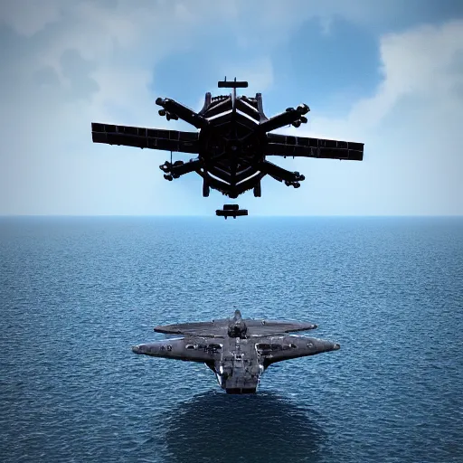 Image similar to a tie fighter coming in for a landing on a usa aircraft carrier. octane 3 d render, cinematic.