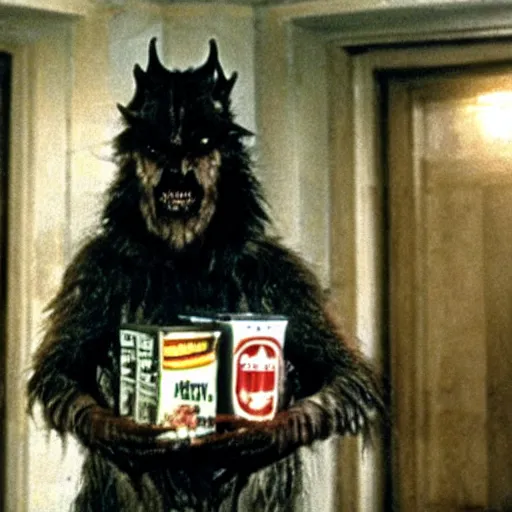 Image similar to film still of a funny looking werewolf with his hand extended, looking at a bag of flour, in an american werewolf in london