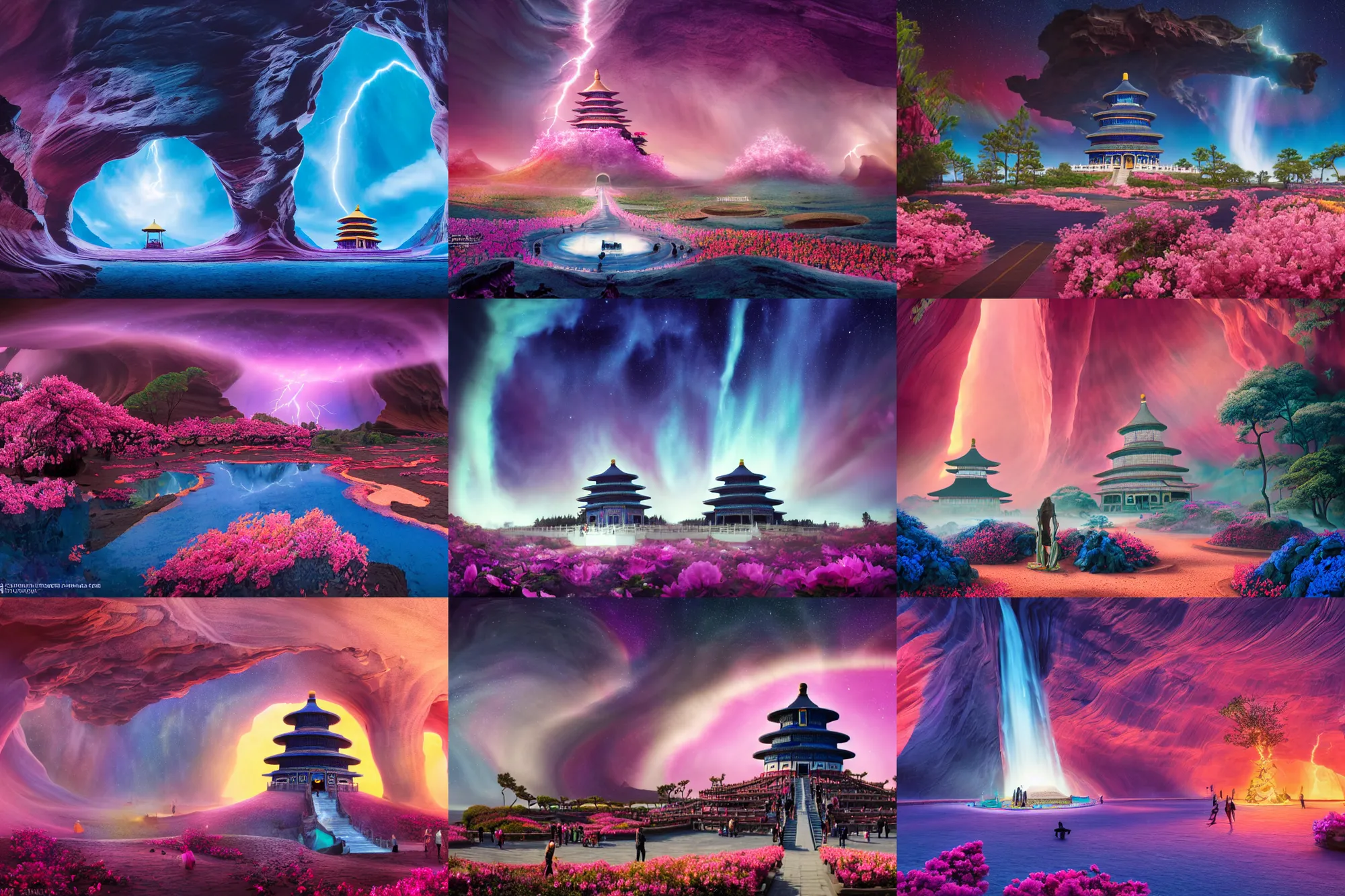 Prompt: the temple of heaven on holokalani black beach of maui in royal blue antelope canyon during sakura season on an interstellar aurora borealis with heavy thunder and lightning, pink waterfalls, flowers, by peter mohrbacher, james jean, james gilleard, greg rutkowski, vincent di fate, rule of thirds, octane render, beautiful landscape