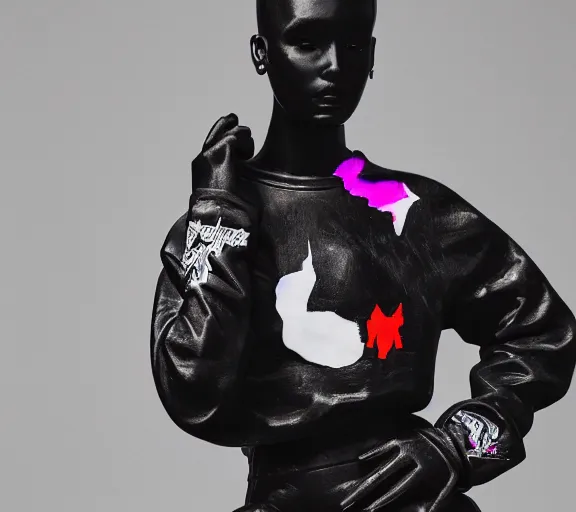 Image similar to black marble statue of a beautiful woman with colorful motocross logos in the style of virgil abloh, very very beautiful, detailed, off white, heron preston, 8 k, 4 k, detailed, beautiful, symmetrical, vogue, editorial, fashion, magazine, model