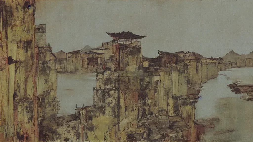 Image similar to a chinese prison near a river by peter doig, muted colors