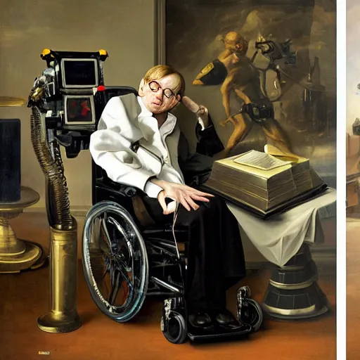 Image similar to stephen hawking in an exoskeleton suit, sci - fi painting by pieter claesz and james c. christensen