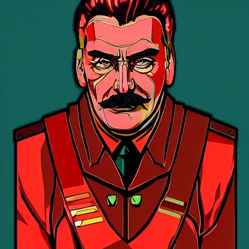 Prompt: cyberpunk joseph stalin as the leader of a futuristic communist society, cybernetics, sharp lines, digital, artstation, colored in