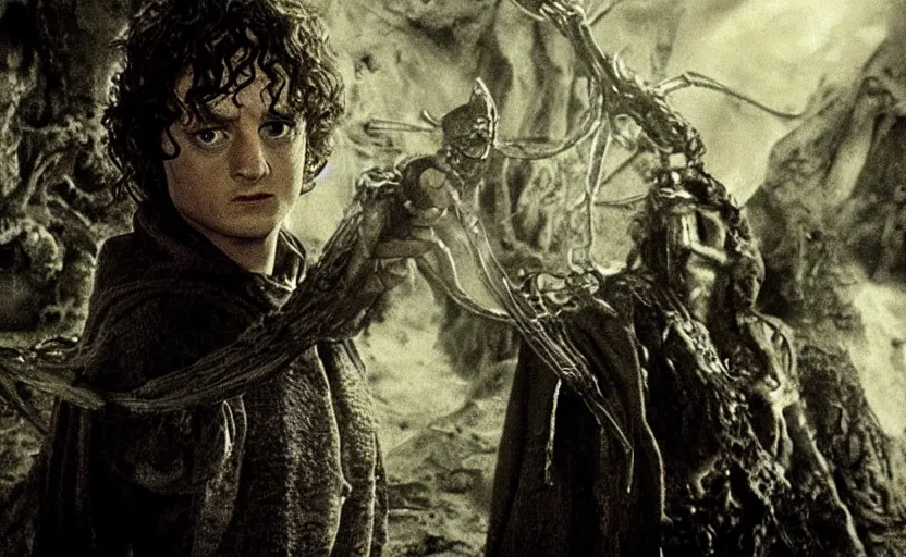 Image similar to movie still, lord of the rings frodo baggins in the style of h. r. giger, dark, cinematic, directed by ridley scott, cinema scope