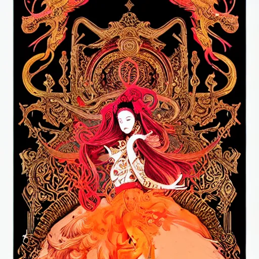 Image similar to jisoo + blackpink + elements + red + gold + neon + baroque + rococo + white + orange + ink + tarot card, ornate + by marc simonetti, paul pope, peter mohrbacher, detailed, intricate ink illustration + damask + award winning + 8 k