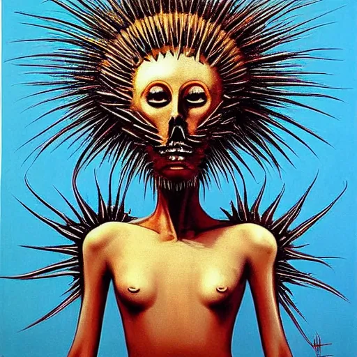 Prompt: the queen of the sun with a spiky body and face, when you kiss her you'll die instantly, eerie, creepy, beautiful, scary, spiky, spiky, spiky, colorful in the style of zdzisław beksiński and h.r. giger, oil on canvas, full body, open wide chest, intricately detailed artwork, full 8k high quality resolution, recently just found unknown masterpiece, renaissance painting, photorealism, 8k high detail, Sigma 85 mm f 1.4, Studio Light, Studio Ghibli, jacek yerka, alex gray, zdzisław beksiński, dariusz zawadzki, jeffrey smith and h.r. giger, oil on canvas, 8k highly professionally detailed, trending on artstation, her hair is thick and smooth, she is beautiful showing her true form