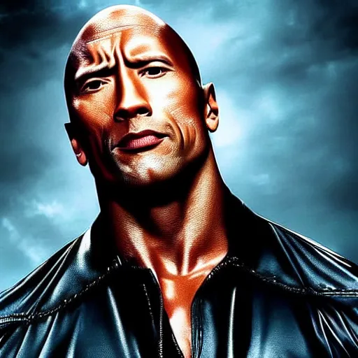 Image similar to ( dwayne rock johnson ) have a body and face of arnold arnold schwarzenegger from terminator movie. symmetric face, coherent face, coherent eyes, symmetric eyes