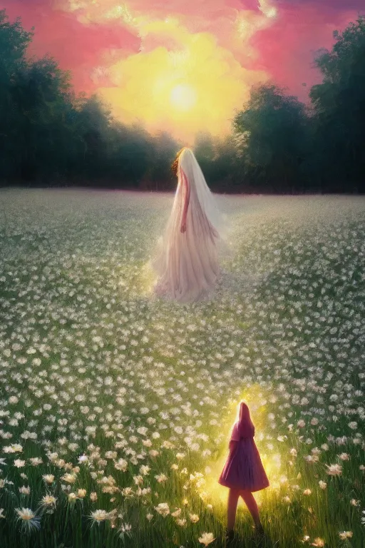 Image similar to giant white daisy flower veil, girl walking in a flower field, surreal photography, sunrise, dramatic light, impressionist painting, colorful clouds, digital painting, artstation, simon stalenhag