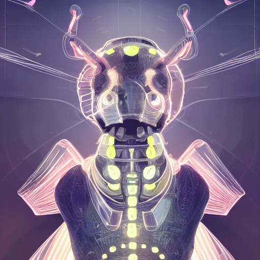 Image similar to portrait futuristic bee animal, in future cyberpunk sydney rooftop , sci-fi, fantasy, intricate, very very beautiful, elegant, human anatomy, neon light, highly detailed, digital painting, artstation, concept art, smooth, sharp focus, illustration, art by tian zi and WLOP and alphonse mucha