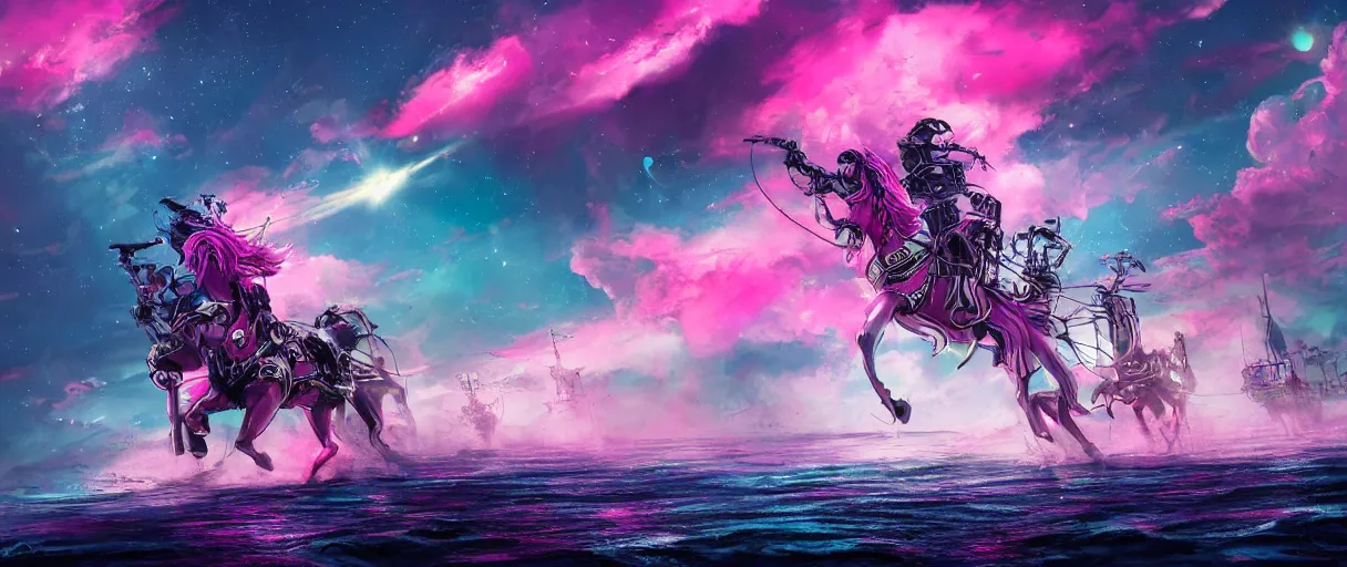 Prompt: space, a two horse - drawn, a mechanical 2 horse with a pink mohawk drives a pirate spaceship, punk, hyperdetailed illustration, stars, pink, neon, oil painting, rich deep colors masterpiece, pirate neon ship, ultra detailed, contrast, heaven pink, clouds, volumetric light, atmospheric lighting, dramatic, cinematic, moody, octane render 4 k, 8 k