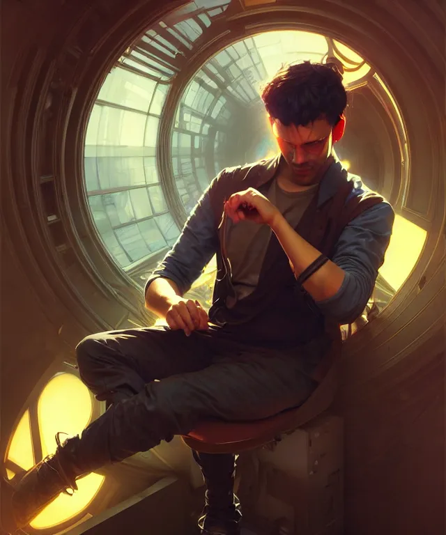 Image similar to Hacker man hacks computer, highly detailed, digital painting, artstation, concept art, smooth, sharp focus, illustration, art by artgerm and greg rutkowski and alphonse mucha