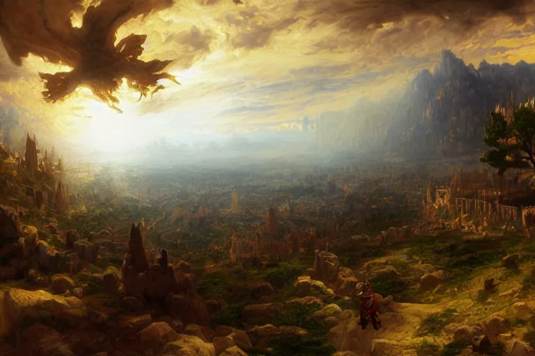 Prompt: a detailed matte landscape painting of king richard the lionhearted as a shonen anime protagonist attacking jerusalem, 8 k, volumetric lighting, in the style of disney, art by albert bierstadt and thomas moran