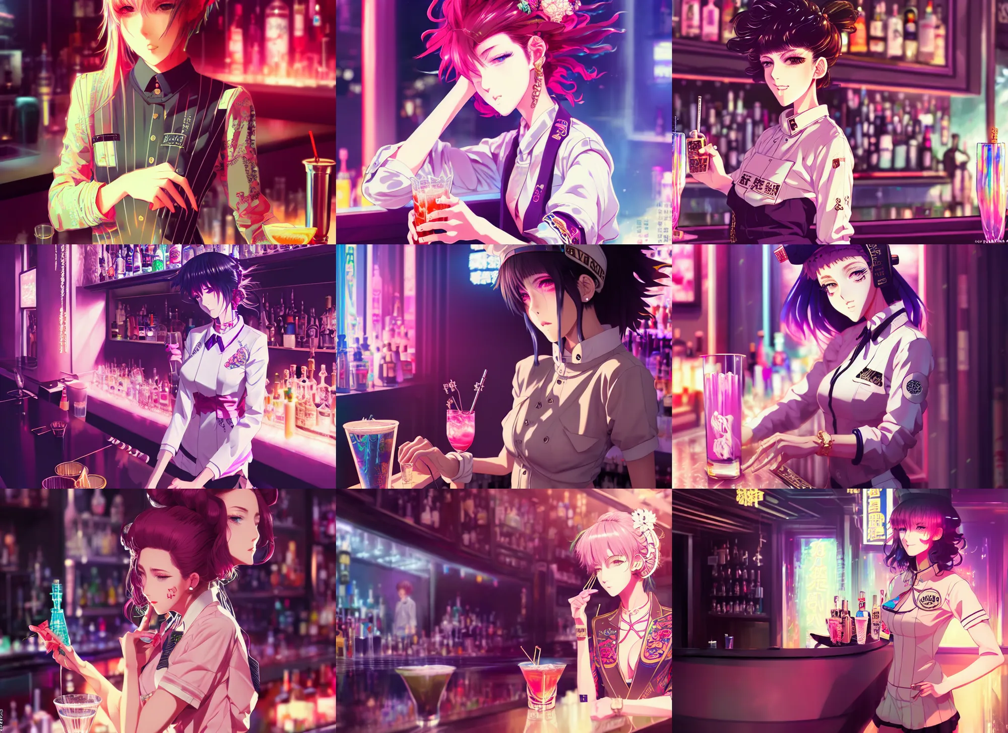 Prompt: very cool girl bartender wearing vaporwave intricate streetwear, serving cocktail at space bar, beautiful, intricate complexity, by krenz cushart, kyoto animation, wlop. 4 k, beautiful, cinematic dramatic atmosphere