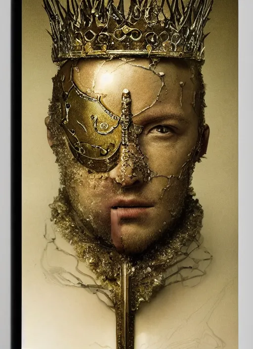 Image similar to portrait of a scared king arthur knight, kintsugi, modern fine art, fractal, intricate, elegant, highly detailed, digital photography, subsurface scattering, by jheronimus bosch and frank miller and greg rutkowski,