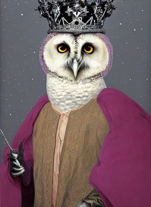 Image similar to close-up portrait of anthropomorphic owl Prince, man with a head of barn owl, glowing eyes, in a crown, wearing long royal robe, lilac, silver, black, bokeh, blurred space, stars, dreamy, romantic, painting in the museum, highly detailed, sharp focus, digital painting, artwork, by John James Audubon by Victor Adame Minguez by Yuumei by Tom Lovell by Sandro Botticelli