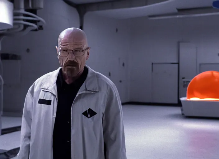 Image similar to film still of Walter White as Gordan Freeman in an underground lab facility wearing a black HEV suit with an orange lambda logo in front with a glowing blue portal in the background in the Half Life Movie, 4k