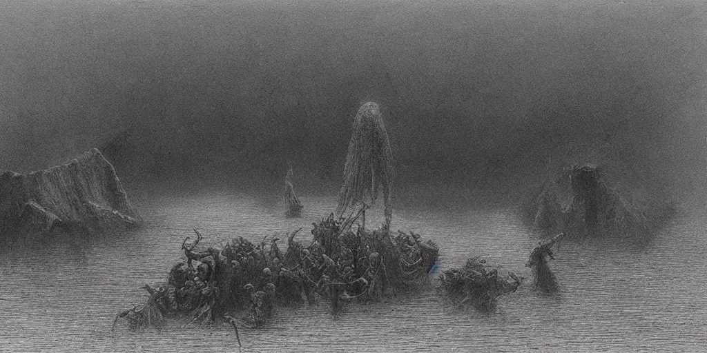 Image similar to ferrying deceased souls across the river and into the underworld by beksinski, wayne barlowe