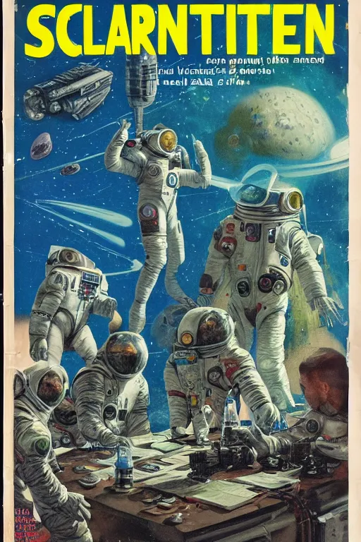 Image similar to photo of poor condition, torn, stained, vintage pulp scifi science fiction magazine cover on a table top, showing men wearing space suits shooting laser beams at a monster in an alien city, illustrated by basis gogos and arle bergey, 4 k, high definition