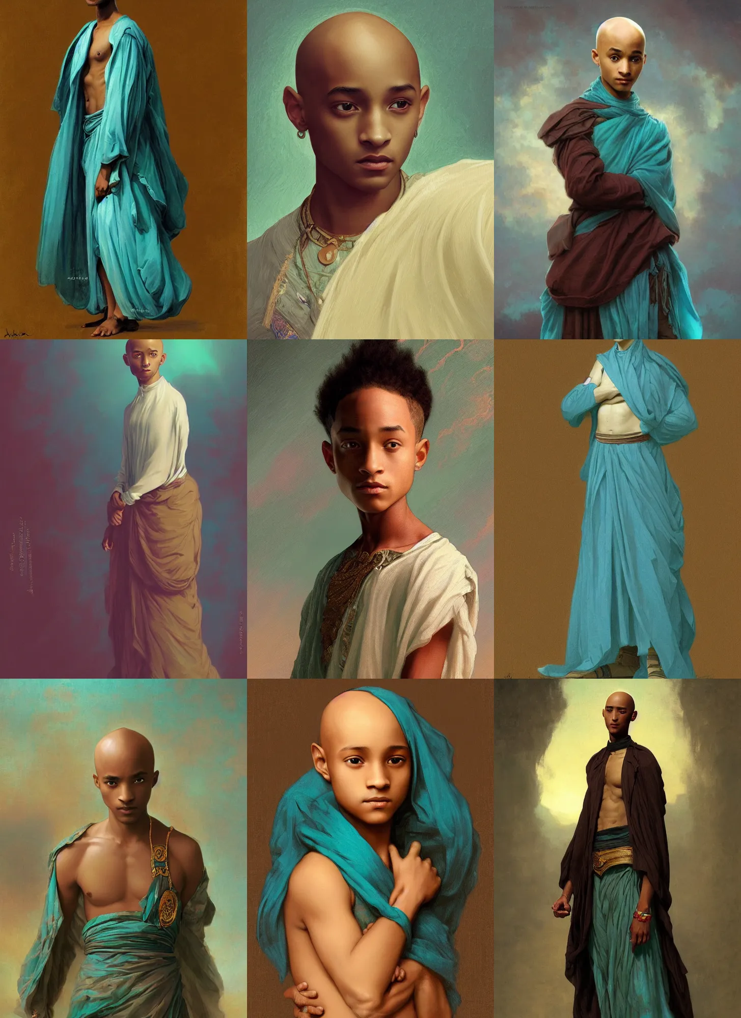 Prompt: jaden smith young bald libyan, teal skirt, bald, intricate, dark, highly detailed, digital painting, artstation, concept art, smooth, sharp focus, illustration, orientalism, bouguereau, rutkowski, mucha