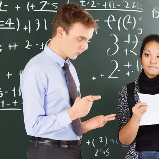 Prompt: a teacher explaining math to a university female student