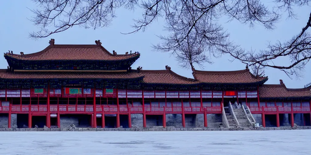 Image similar to ancient chinese palace on ice lake, cyberpunk