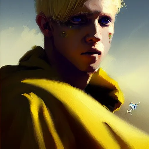 Prompt: yellow eyed blonde boy wearing a brown cape, closeup, powerful, space background, oil painting, brush strokes, greg rutkowski