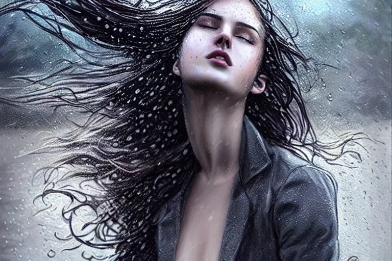 Prompt: girl flying freely in rain with wet hair and face, flowing hair, fantasy, captivating dynamic facial expression, intricate, elegant, dramatic lighting, emotionally evoking symbolic metaphor, highly detailed, lifelike, photorealistic, digital painting, artstation, concept art, smooth, sharp focus, illustration, art by John Collier and Albert Aublet and Krenz Cushart and Artem Demura and Alphonse Mucha
