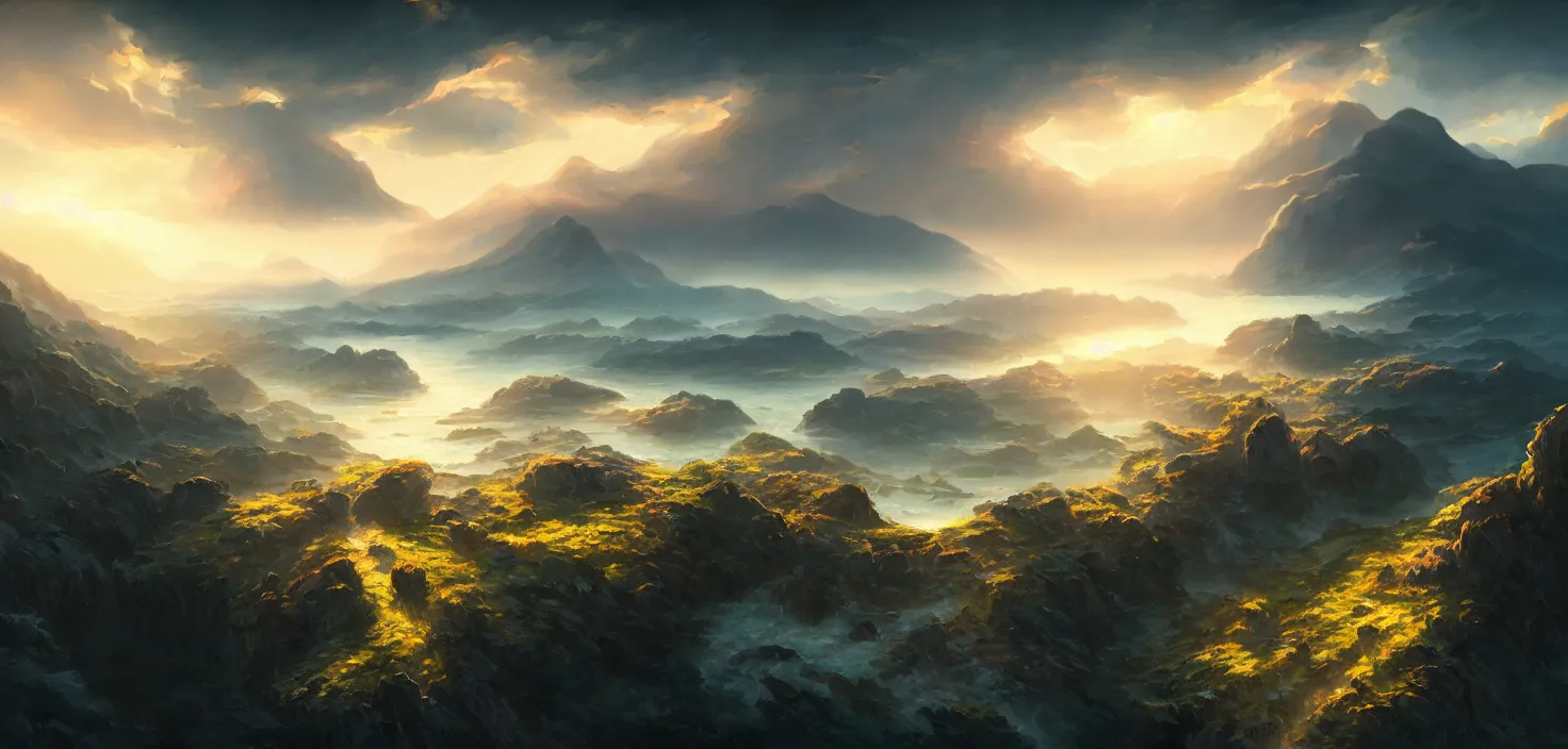 Image similar to nature landscape, aerial view, drone photography, cinematic, mountains and ocean, cinematic view, epic sky, detailed, concept art, high detail, warm lighting, volumetric, godrays, vivid, beautiful, trending on artstation, by jordan grimmer, art greg rutkowski