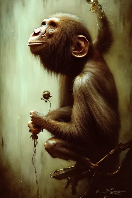 Prompt: ape magician | esoteric symbolism | jean - baptiste monge, esao andrews, bastien lecouffe - deharme, tim jacobus, ken currie | ultra - detailed realism, soft cinematic lighting, hi - fructose, artstation, high - quality, ink watercolors wes anderson poster art