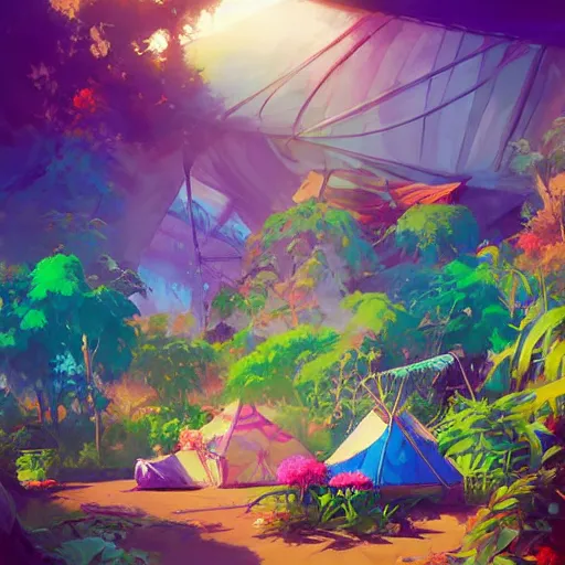 Prompt: hippie bohemian encampment with tie - dye tents and a garden. cyberpunk art by jesper ejsing, by rhads and makoto shinkai and lois van baarle and ilya kuvshinov and rossdraws, cgsociety, panfuturism, nature utopia, anime aesthetic