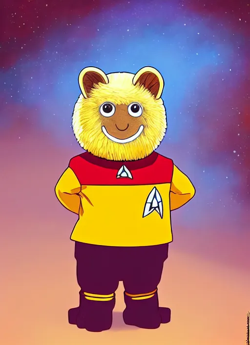 Prompt: cute star trek officer honey monster, natural lighting, path traced, highly detailed, high quality, digital painting, by don bluth and ross tran and studio ghibli and alphonse mucha, artgerm