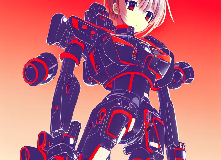 Prompt: anime girl beside her battle mecha,Karolis Strautniekas, omoide emanon, tsuruta kenji, murata range,kawaii, kyoto animation, manga, intricate, detailed, studio lighting, orange red black white, gradation,editorial illustration, matte print, Ilya Kuvshinov, fine stippling