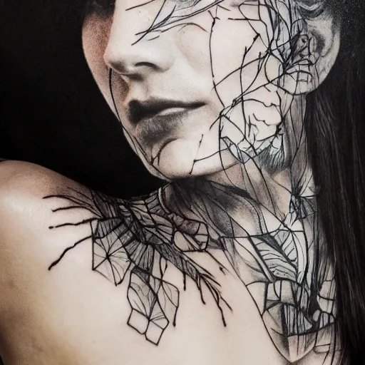 Prompt: realistic tattoo sketch of a beautiful woman face double exposure with a mountain scenery, in the style of matteo pasqualin, amazing detail, 8 k resolution