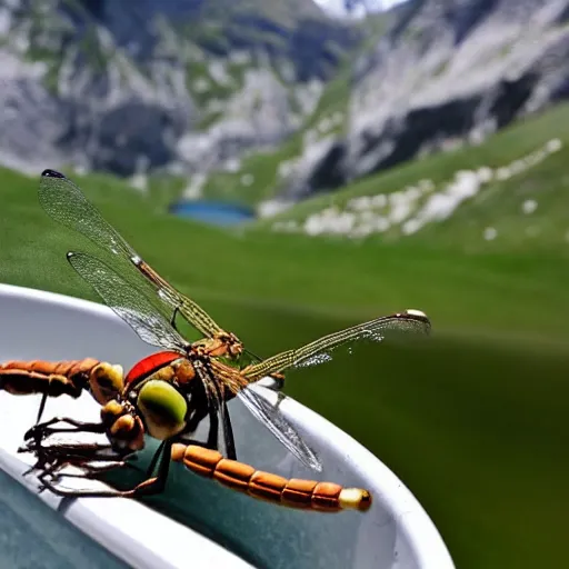 Image similar to dragonfly in a bathtub in the alps, herd of goats!!!! in background