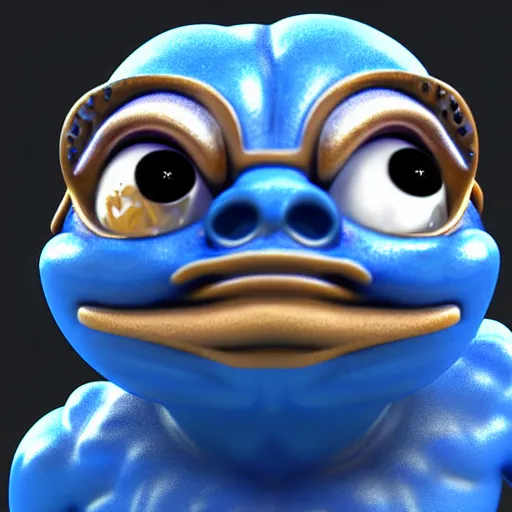 Image similar to pepe the miner with blue crystal, artstation, 3 d render, intricate, muscles