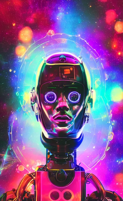 Image similar to a portrait hi-tech sci-fi robot with vividly colorful diodes and a human-shaped face smoking weed in deep space, photography, color, very detailed