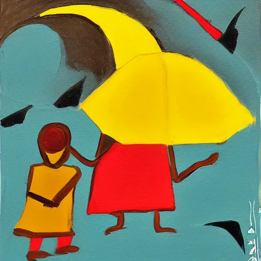 Prompt: a painting of a person holding a yellow and red umbrella, a cave painting by etel adnan, reddit contest winner, metaphysical painting, childs drawing, wimmelbilder, apocalypse art