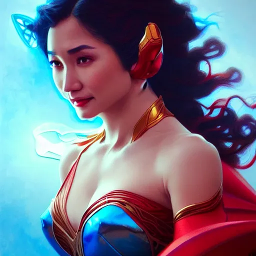 Image similar to jennylyn mercado as darna, volumetric lights, red and cyan theme, art nouveau botanicals, intricate, highly detailed, digital painting, artstation, concept art, smooth, sharp focus, cinematic, illustration, beautiful face, art by artgerm and greg rutkowski and alphonse mucha