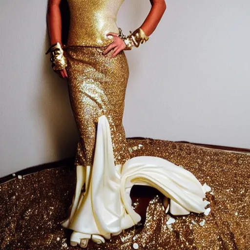 Prompt: Dress photo shoot, full body, wide-shot, head to toe, Ivory carving, gold, glitter, bizarre fashion design,