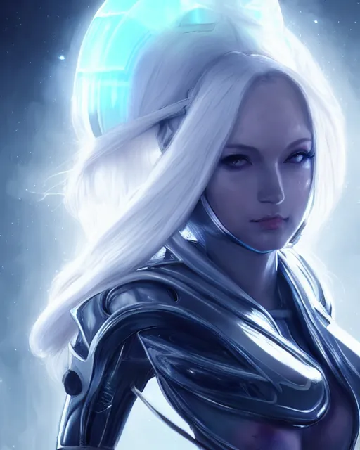 Image similar to perfect android girl on a mothership, warframe armor, beautiful face, scifi, futuristic, galaxy, nebula, raytracing, dreamy, long white hair, blue cyborg eyes, sharp focus, cinematic lighting, highly detailed, artstation, divine, by gauthier leblanc, kazuya takahashi, huifeng huang