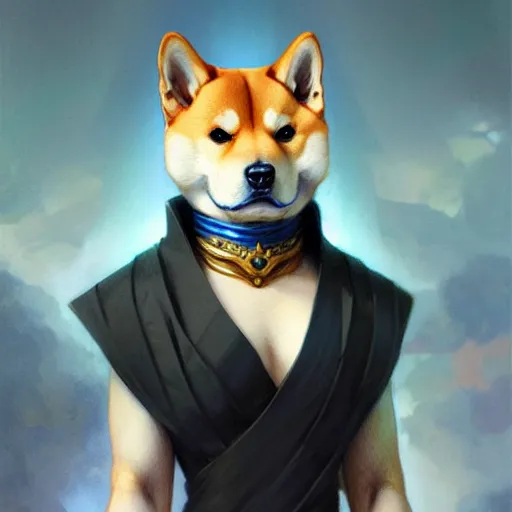 Prompt: Portrait of Shiba Inu, D&D, blue eyes, fantasy, intricate, elegant, highly detailed, digital painting, artstation, concept art, smooth, sharp focus, illustration, art by artgerm and greg rutkowski and alphonse mucha