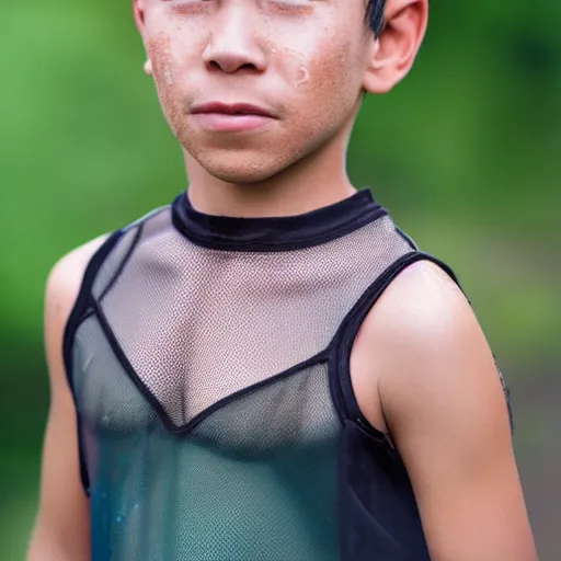 Image similar to full-shot portrait of a boy wearing a transparent mesh tanktop in the rain Detailed face. photo 8K