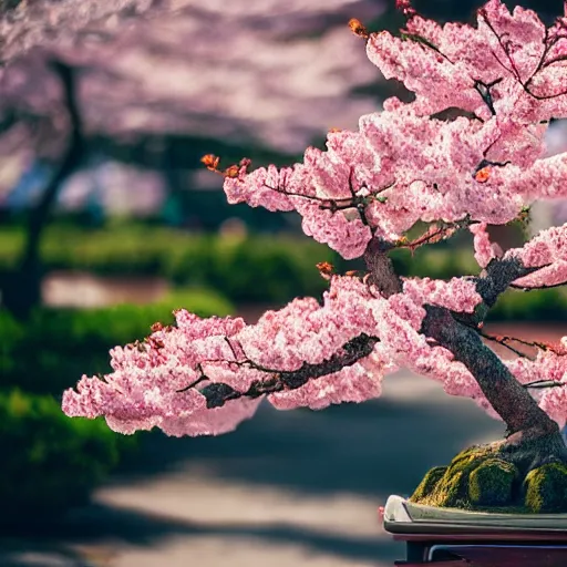 Image similar to photo of a blossoming sakura bonsai, beautiful, bokeh, cinematic, high detail,