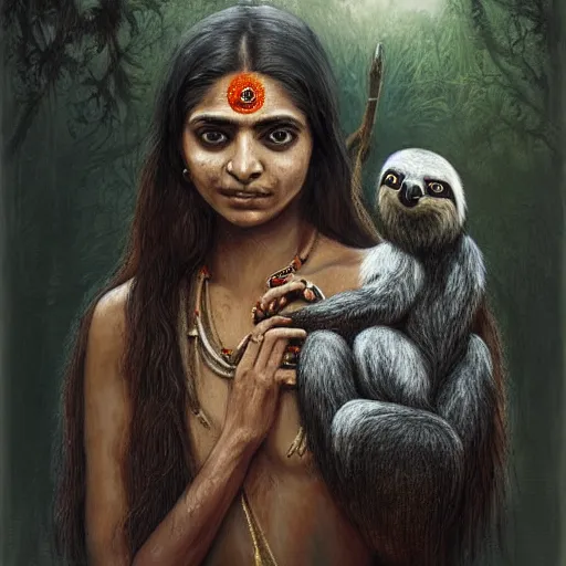 Prompt: a cottagecore beautiful young indian witch holding a cute sloth, highly detailed, masterpiece, illustrated, art by seb mckinnon