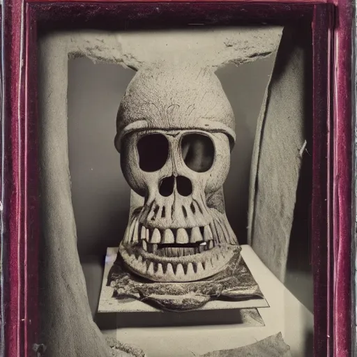Image similar to A three color offset photography of single surrealist object on display, anthropology of wonder, ((surrealism)), exotic artifacts, colonial expedition, exhibition, 60s style