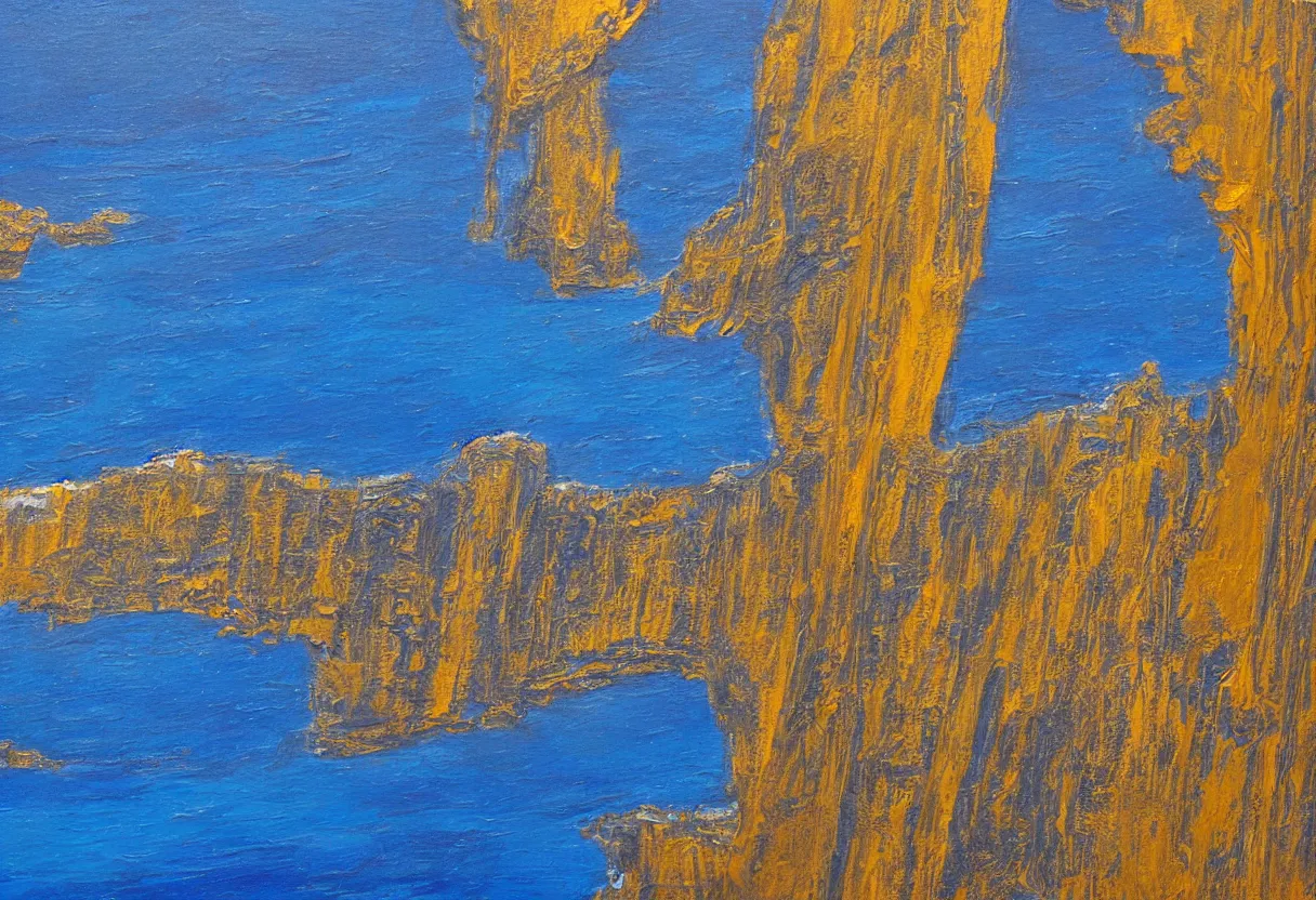 Prompt: a beautiful ultradetailed painting of a single gilded cathedral at the edge of a cliff next to a deep blue sea illuminated